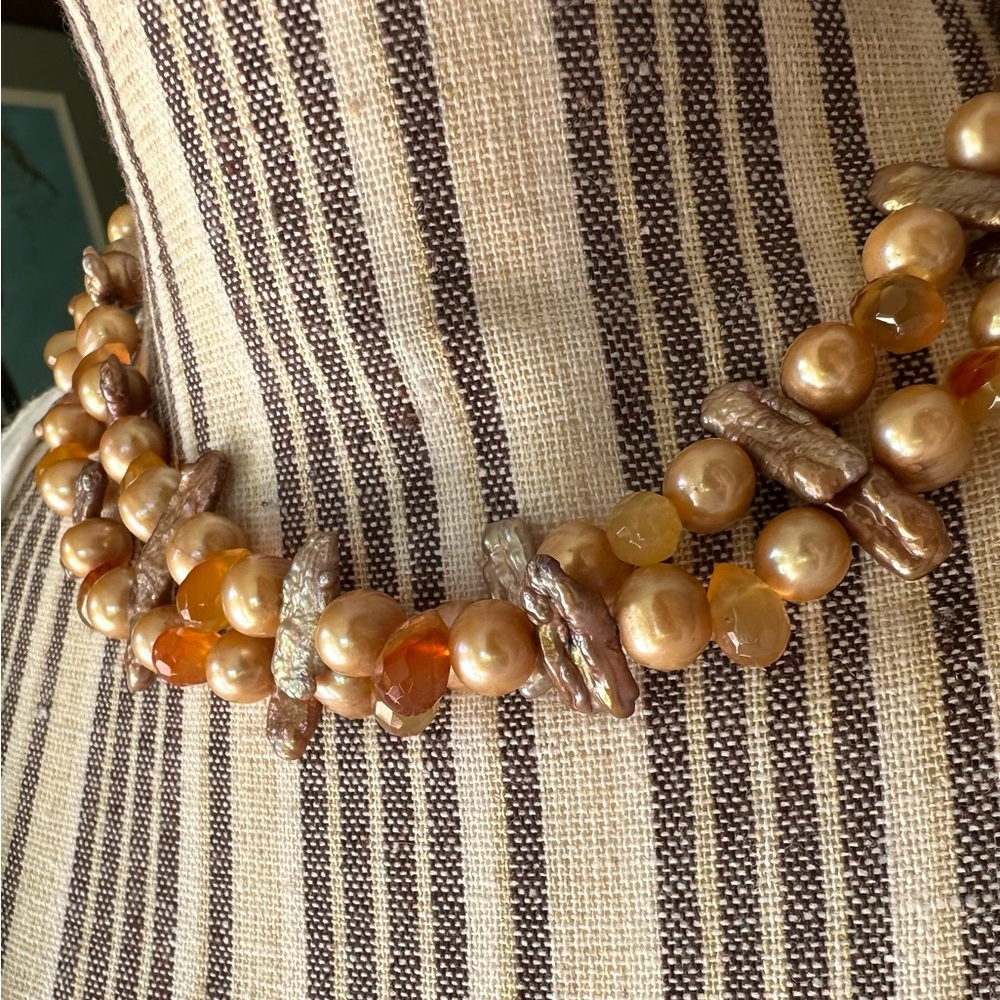Amber Agate Biwa Pearl Sterling Double Layered Choker Necklace OOAK Handmade